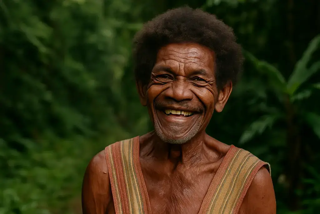 Aeta elder smiling in forest village in the Philippines.
