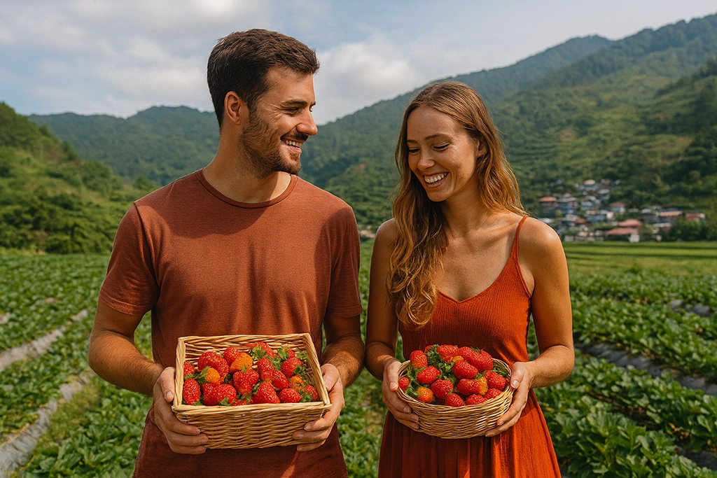 Couple strawberry picking in Baguio, Philippines.