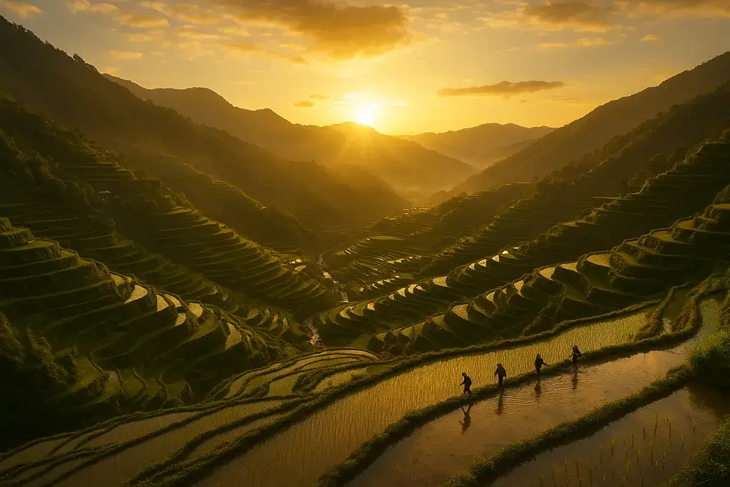 Banaue Rice Terraces aerial sunrise view in Luzon, Philippines.