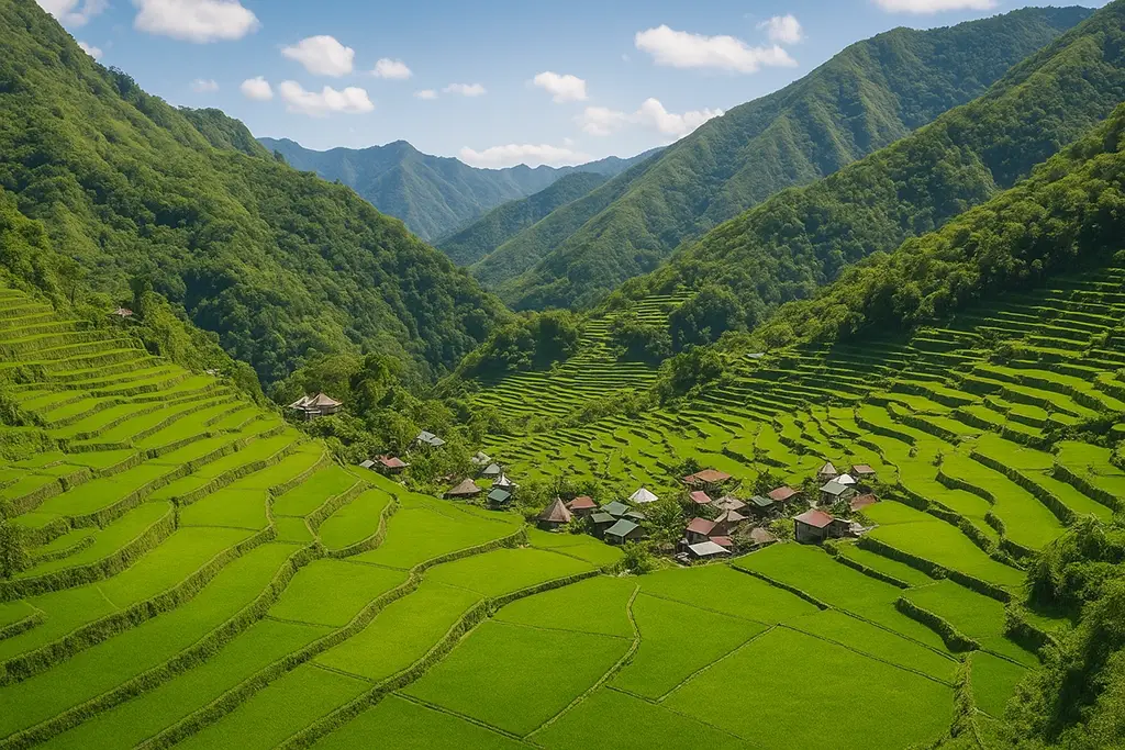 Green rice terraces of Batad in Ifugao, Philippines, with mountains beyond.