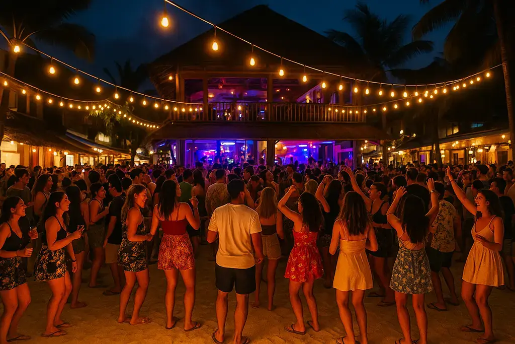 Station 2 Boracay nightlife scene with beach bar crowd.