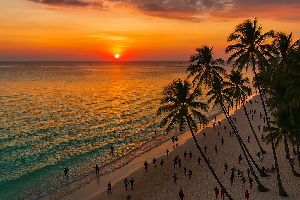 Sunset on Boracay White Beach with tourists.