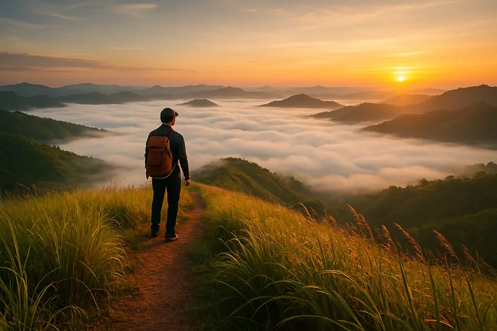 Hiker at sunrise on Panimahawa Ridge with clouds below in Bukidnon, Philippines.