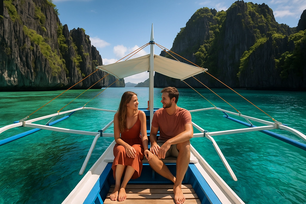 Couple on a banca boat in El Nido’s Big Lagoon with turquoise water and limestone cliffs.