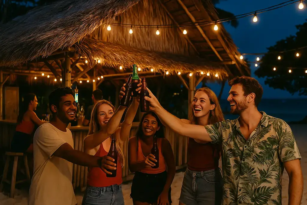 Filipino beach bar with tourists and locals drinking San Miguel.