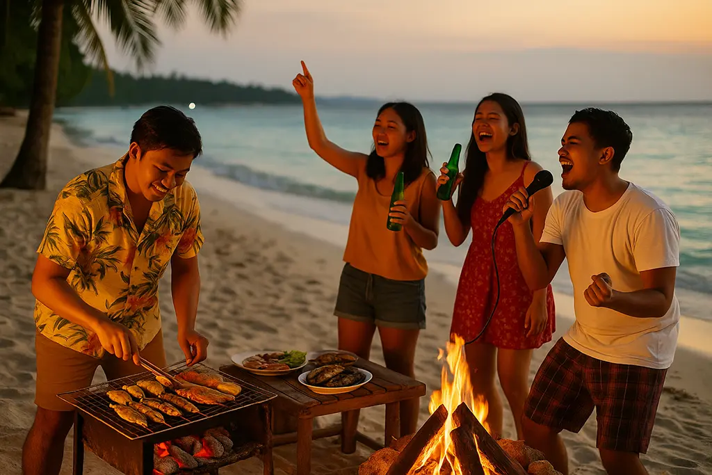 Filipino beach party with BBQ and karaoke.