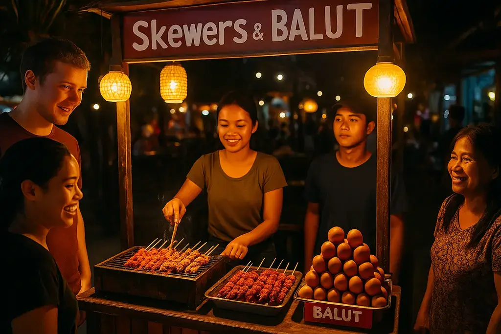 Filipino street food stand with isaw and balut at night.