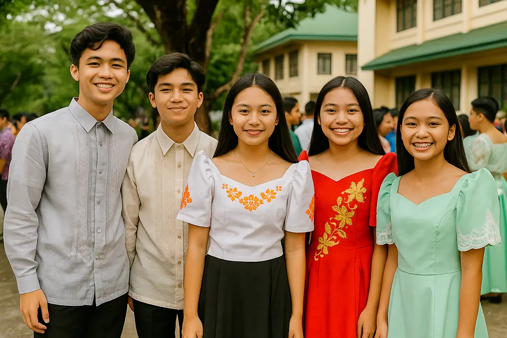 Young Filipinos in modern barong and terno for cultural school event.