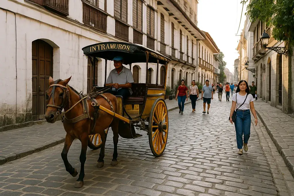 Intramuros cobblestone street with horse-drawn carriage in Manila, Philippines.