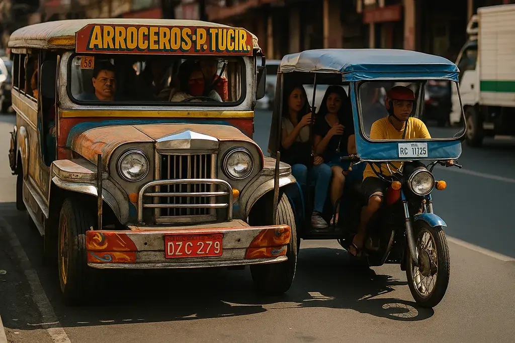 Traditional jeepney and tricycle transport in Manila, Luzon.