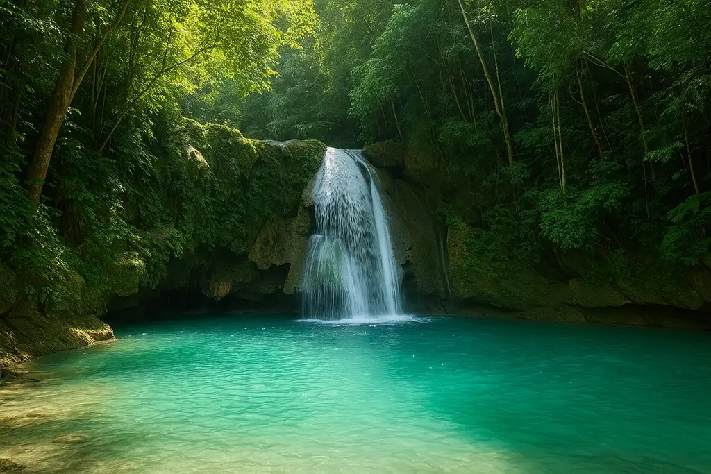Kawasan Falls turquoise pool with tropical jungle in Cebu, Philippines.