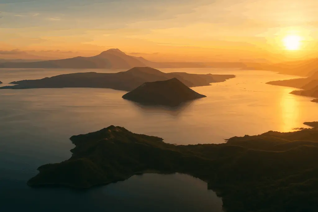 Aerial view of Lake Taal and Volcano Island at sunrise, Luzon, Philippines