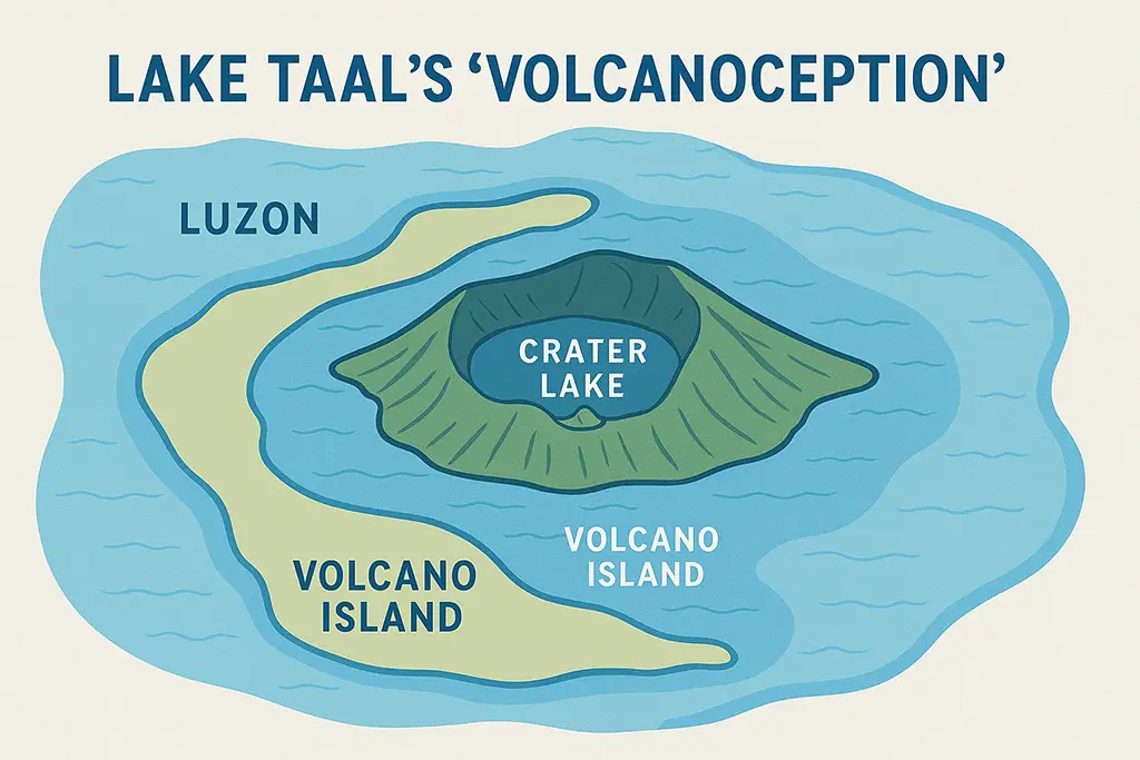 Illustrated map showing Lake Taal, Volcano Island, Crater Lake, and Vulcan Point in Luzon, Philippines.