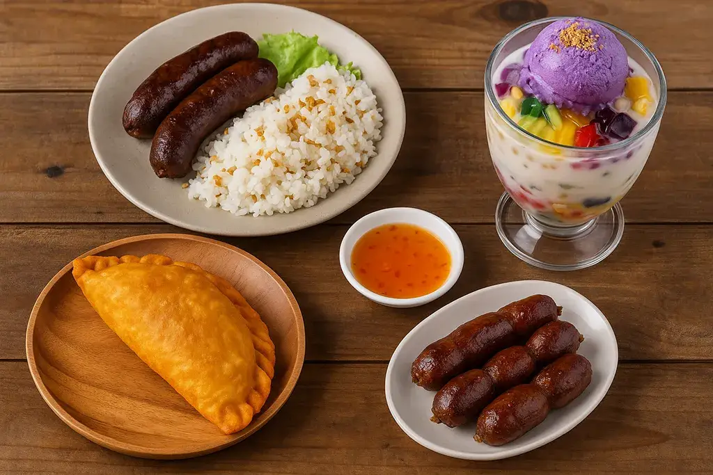Luzon food spread with Vigan empanada, longganisa, and halo-halo dessert.