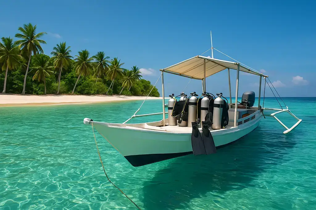 Dive boat near beach on Malapascua Island.