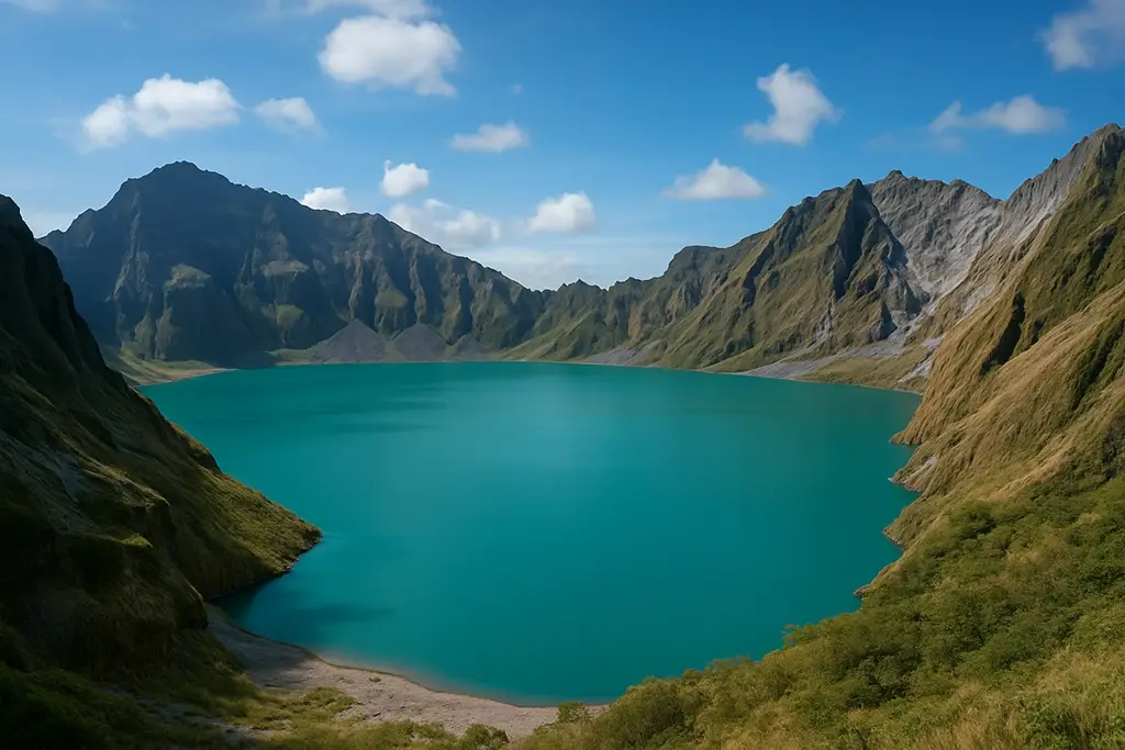 Turquoise crater lake of Mt. Pinatubo surrounded by volcanic cliffs in the Philippines.