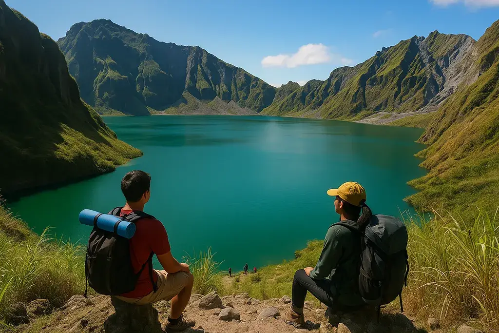 Hikers admiring Mt. Pinatubo crater lake in Luzon, Philippines.