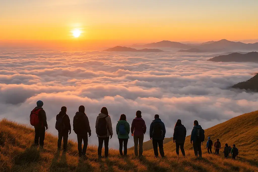 Hikers watching sunrise above sea of clouds at Mt. Pulag, Luzon.
