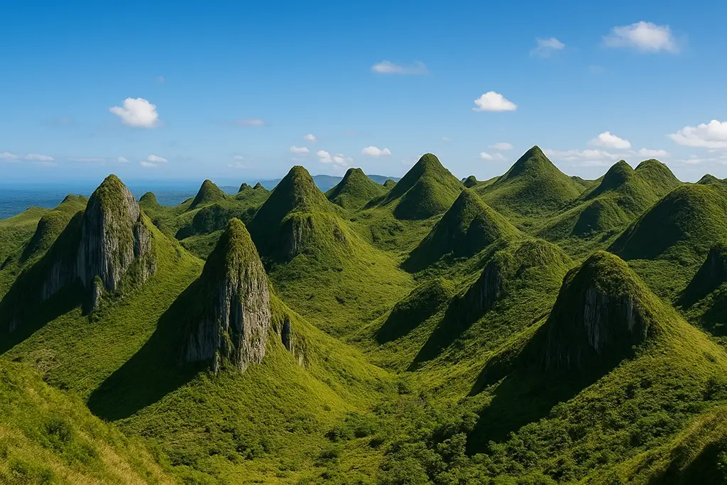 Jagged green hills of Osmeña Peak in Cebu, Philippines, under a clear sky.