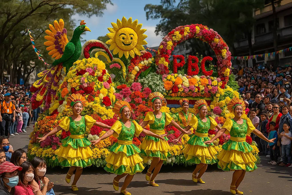 Panagbenga Festival float parade in Baguio with flower dancers.