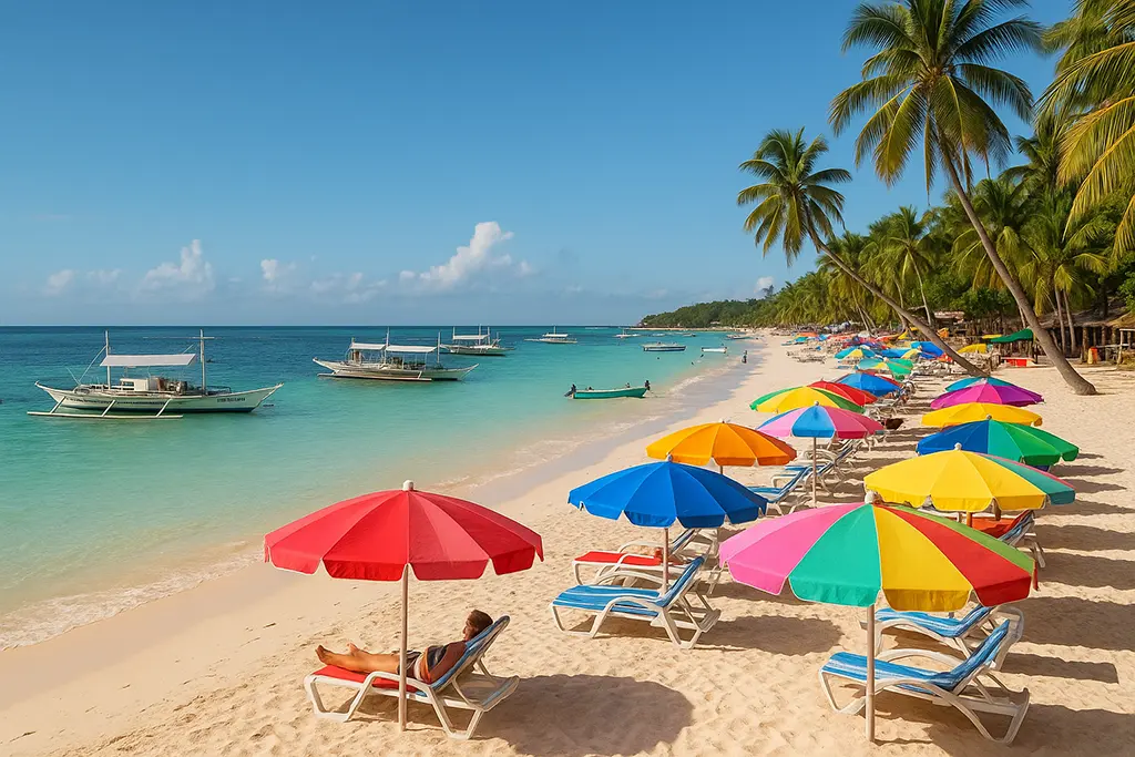 Alona Beach, Panglao, with colorful umbrellas and boats.