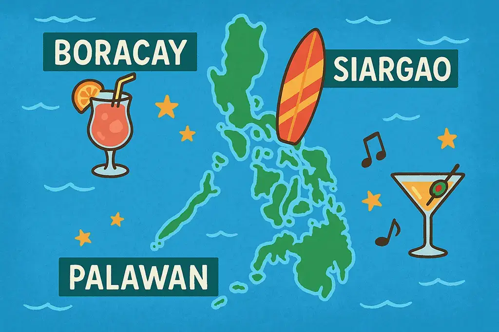 Top Philippine islands for nightlife including Boracay, Siargao, and Palawan.