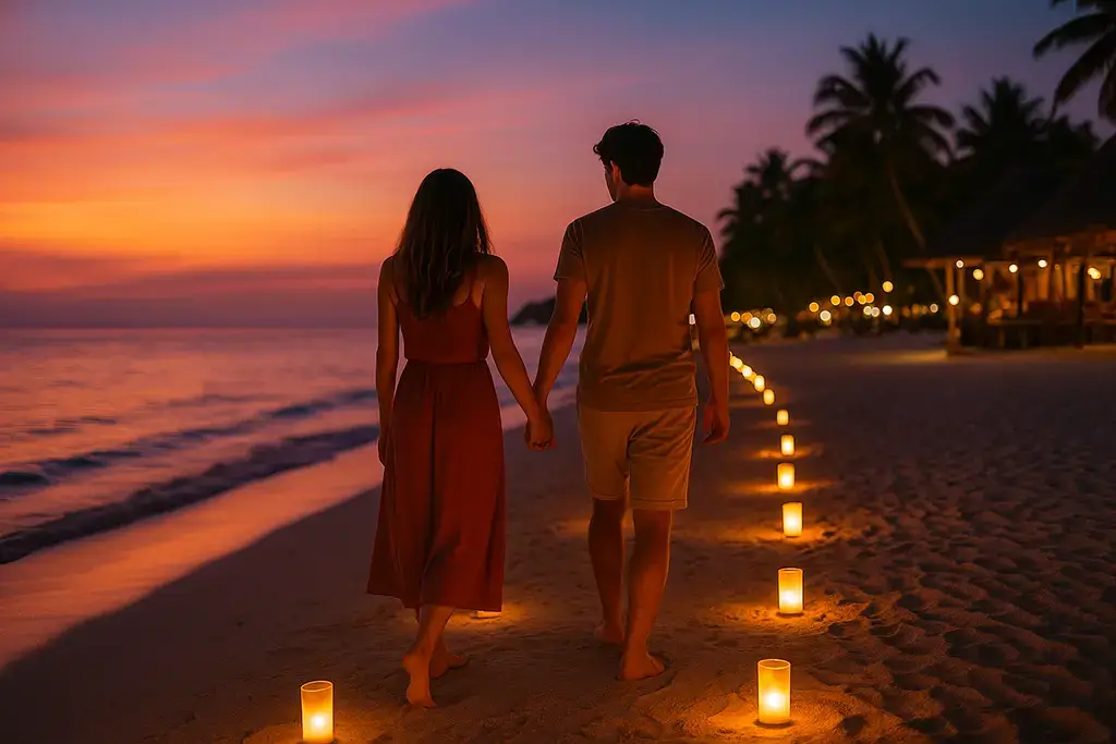 Romantic beach date in the Philippines at sunset.