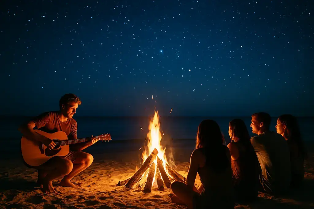 Beach bonfire night in the Philippines with acoustic music.