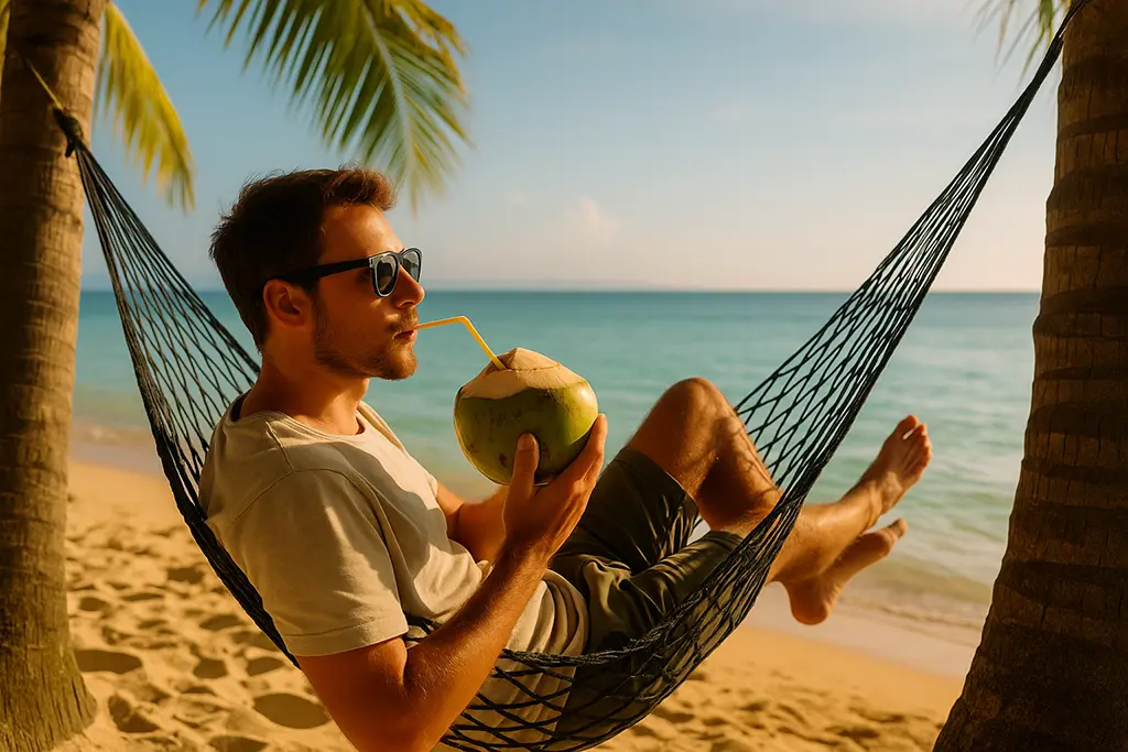 Coconut water hangover cure on a Philippine beach.