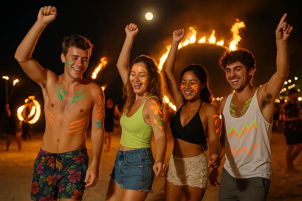 Full moon party in the Philippines with painted dancers and fire show.