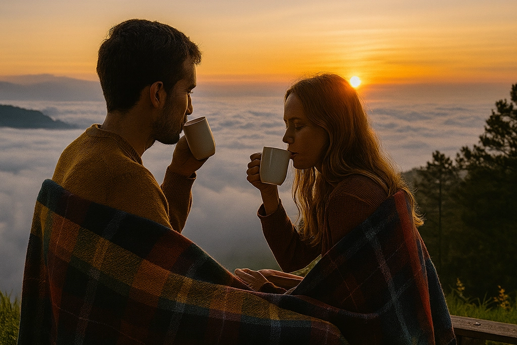 Couple enjoying coffee at sunrise above the clouds in Sagada.