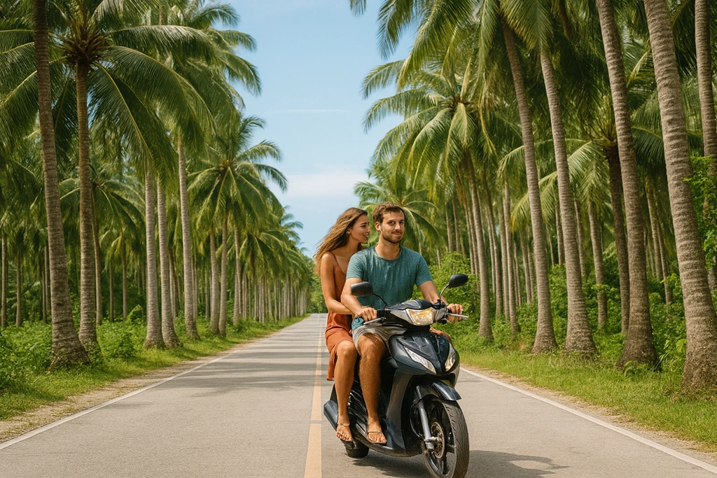 Couple riding a scooter along Coconut Tree Road in Siargao.