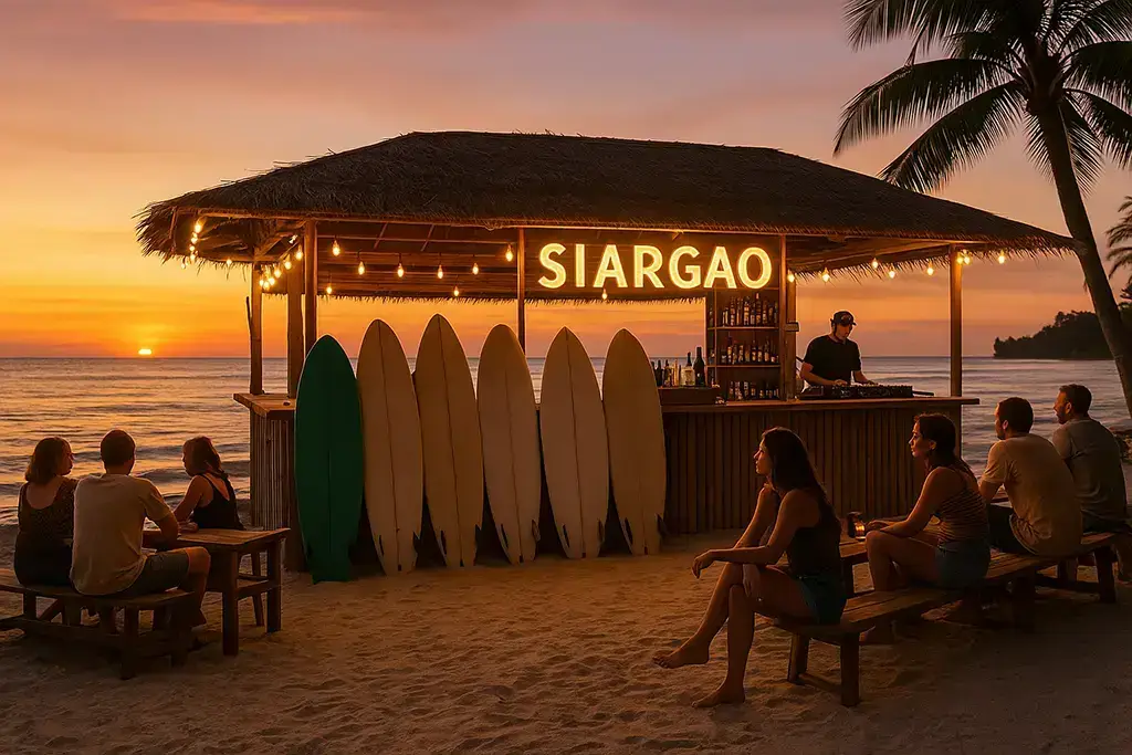 Siargao beach bar at sunset with surfboards and DJ.