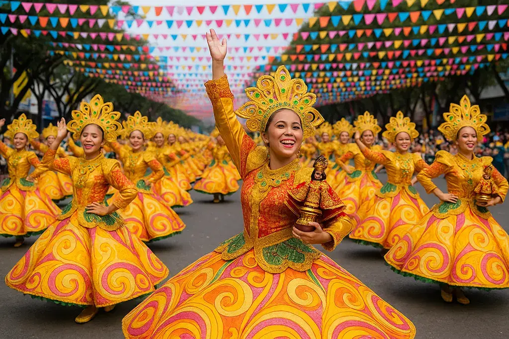 Sinulog Festival dancers in vibrant costumes during Cebu street parade.