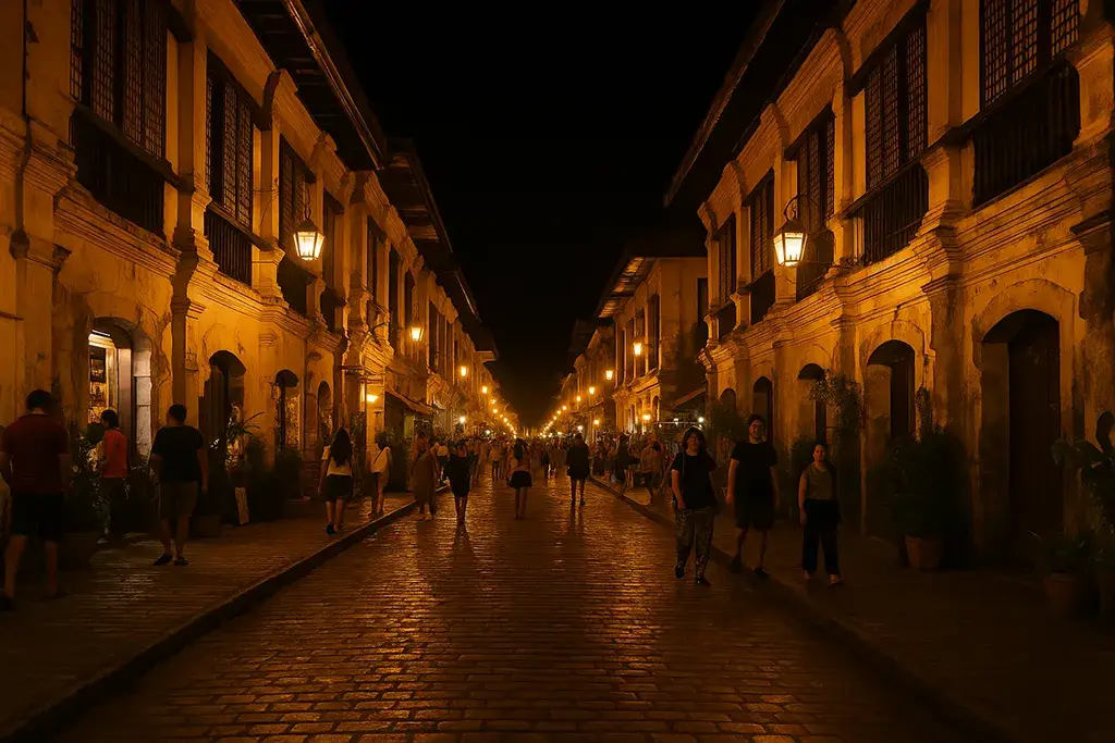 Vigan’s Calle Crisologo heritage street with lantern lights at night.