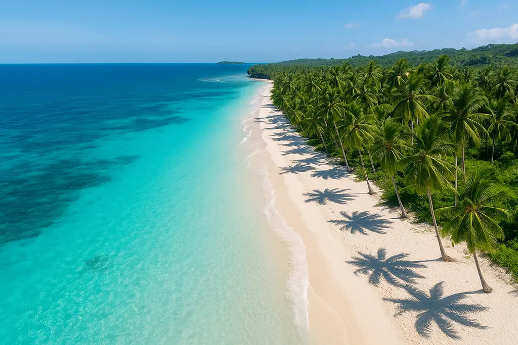 White sand beach and turquoise ocean in the Philippines.