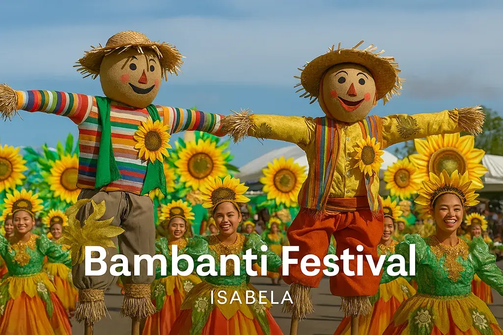 Performers in sunflower-themed costumes dancing beside giant scarecrow figures during the Bambanti Festival in Isabela, Philippines.