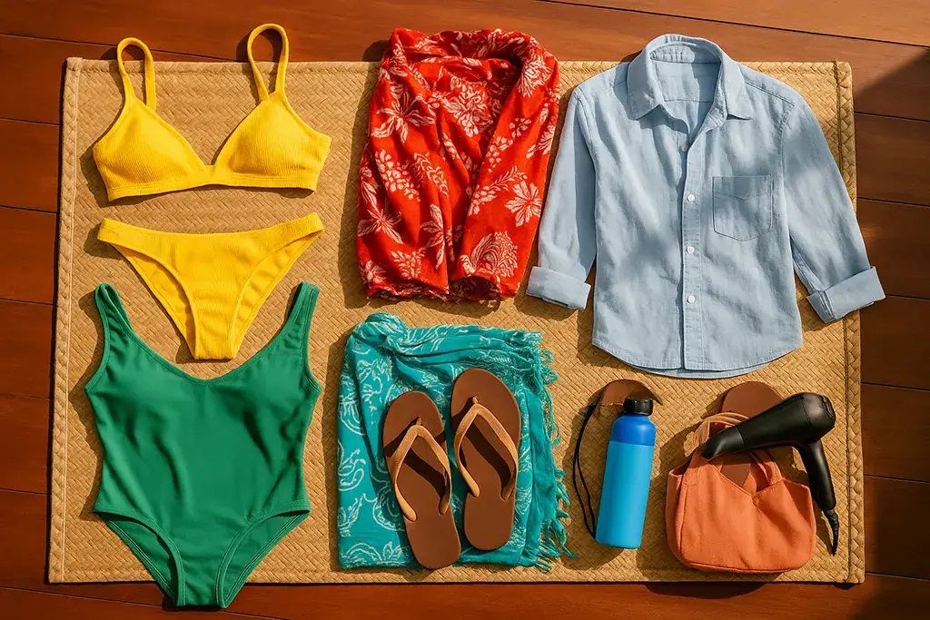 Island-appropriate clothing for warm weather in the Philippines including sarongs and swimsuits.