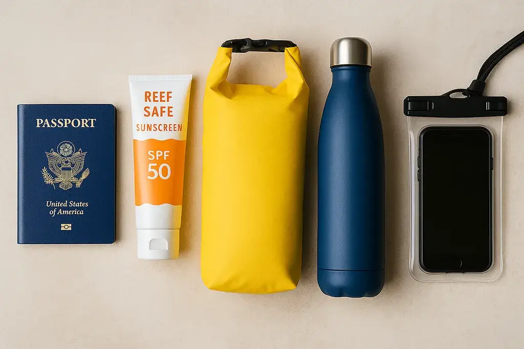Philippines travel essentials including passport, dry bag, and reef-safe sunscreen.
