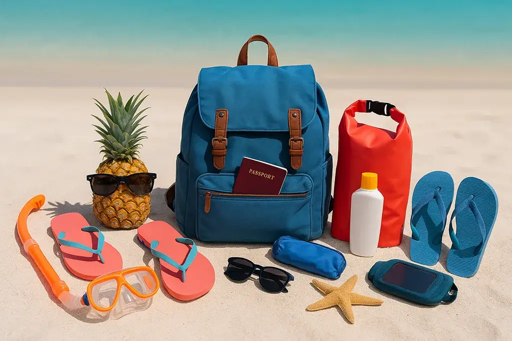 Colorful packing essentials for island hopping in the Philippines on a beach backdrop.