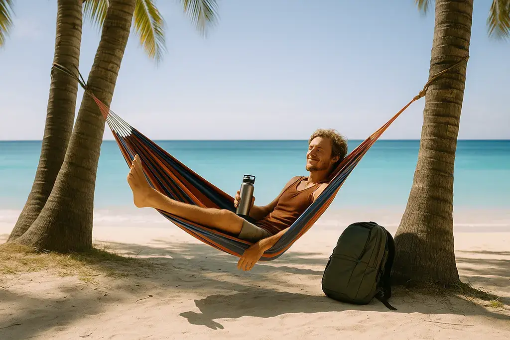 Happy backpacker enjoying island vibes in a hammock during sustainable travel in the Philippines.