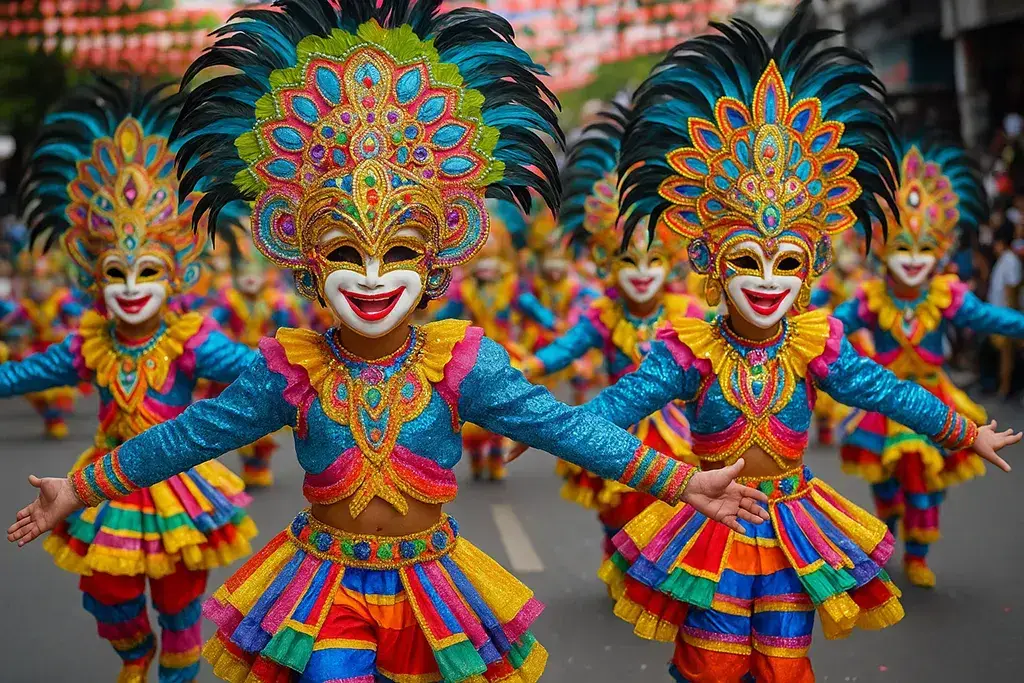 Dancers wearing colorful smiling masks at MassKara Festival Bacolod.