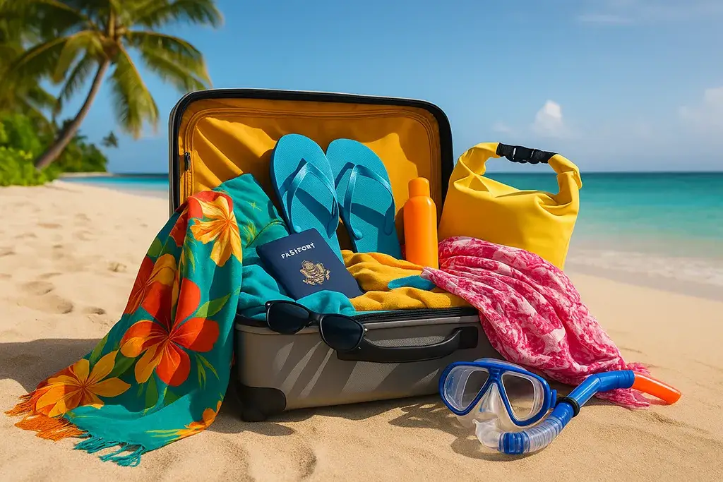 Open suitcase with scattered island travel essentials for packing in the Philippines.