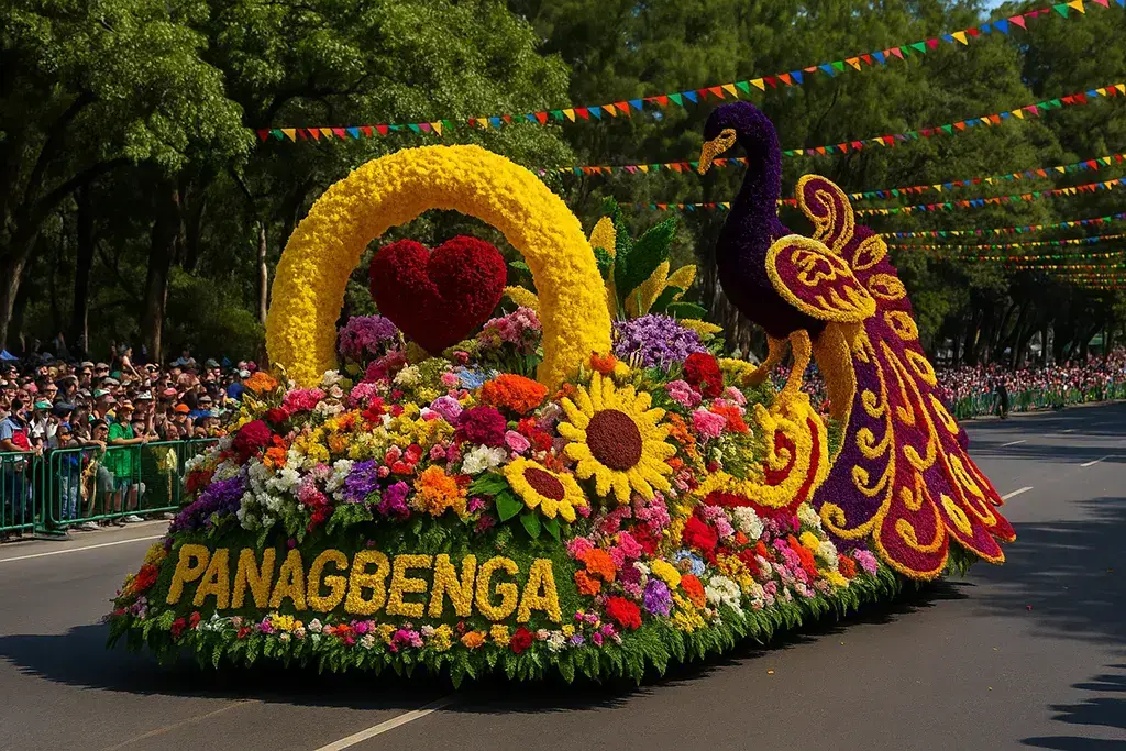 Flower-decorated float parading through Baguio during the Panagbenga Festival.