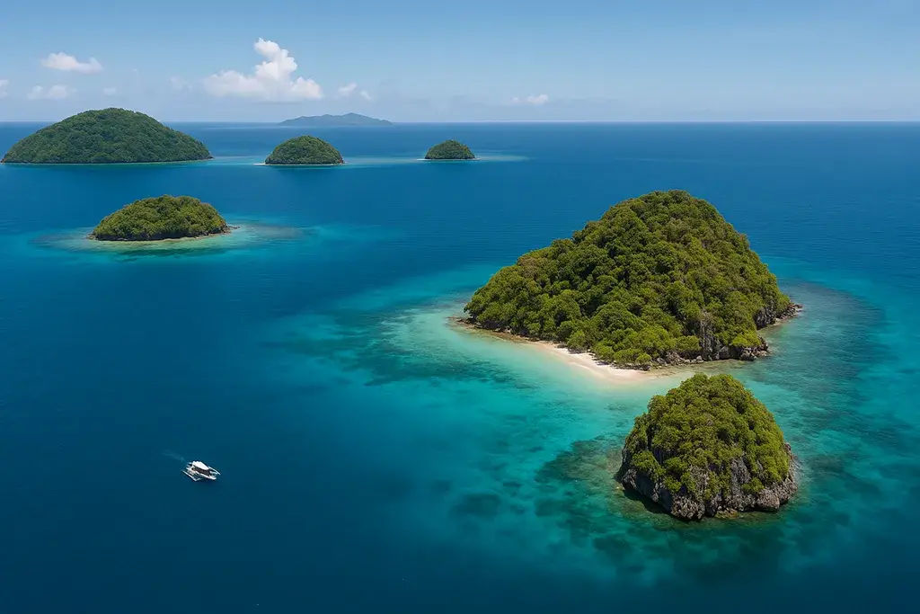 Island hopping in the Philippines with boats and blue ocean between islands.