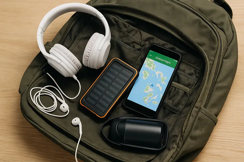 Power bank, headphones, and offline map tools for island hopping in the Philippines.