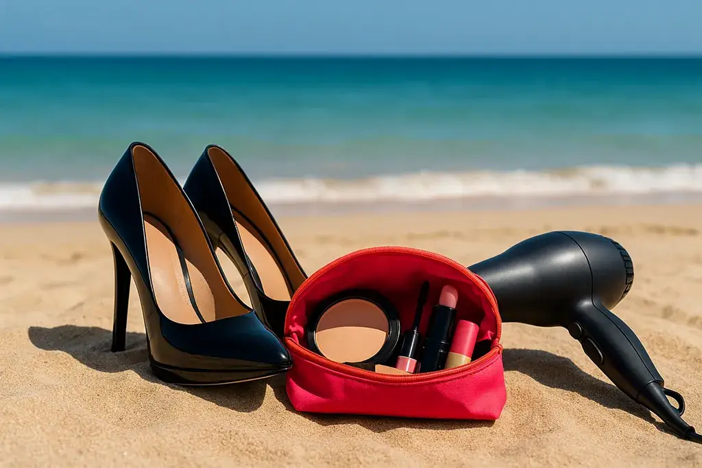 Items not to bring when island hopping—heels, hairdryer, makeup—on the beach.
