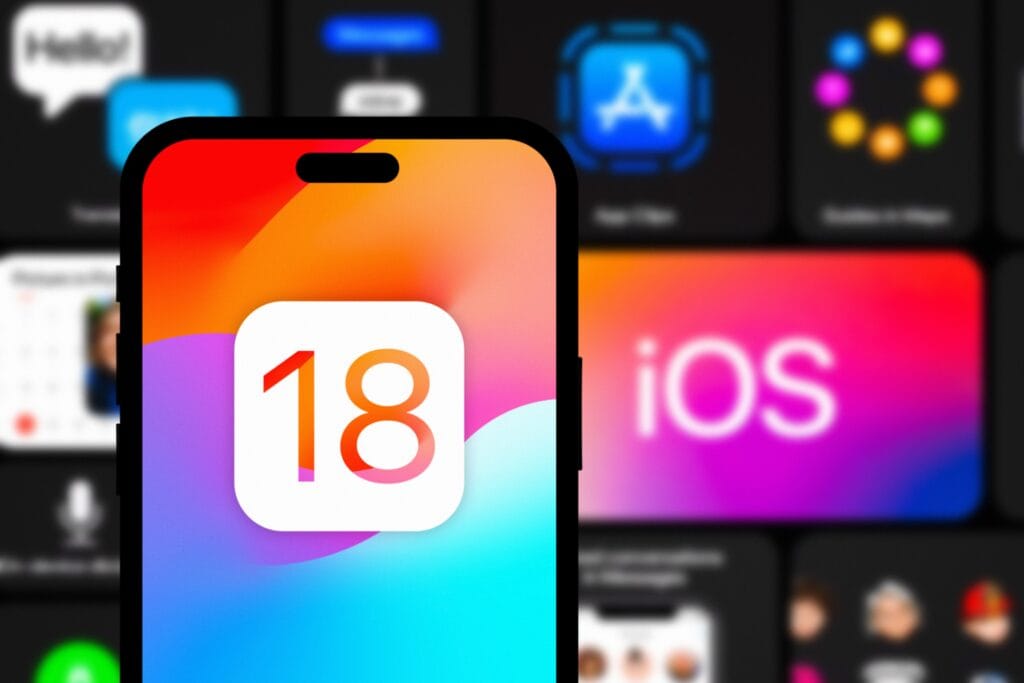 A smartphone displaying the iOS 18 logo with a colorful background and various app icons in the blurred background.