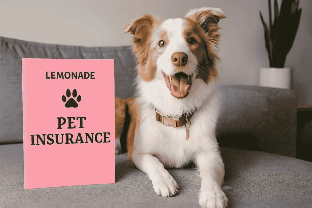 Happy dog sitting on a sofa with Lemonade Pet Insurance branding in the background – Lemonade Pet Insurance Review 2025