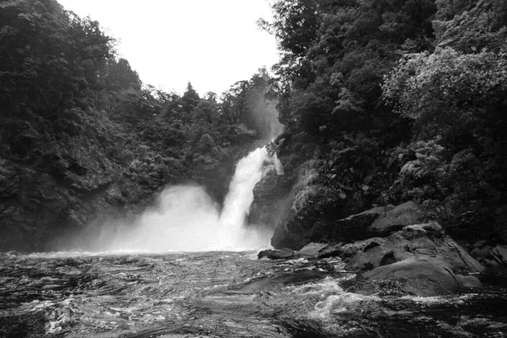 Long Sound Fiordland NZ - waterfall draining Lake Widgeon. B&W